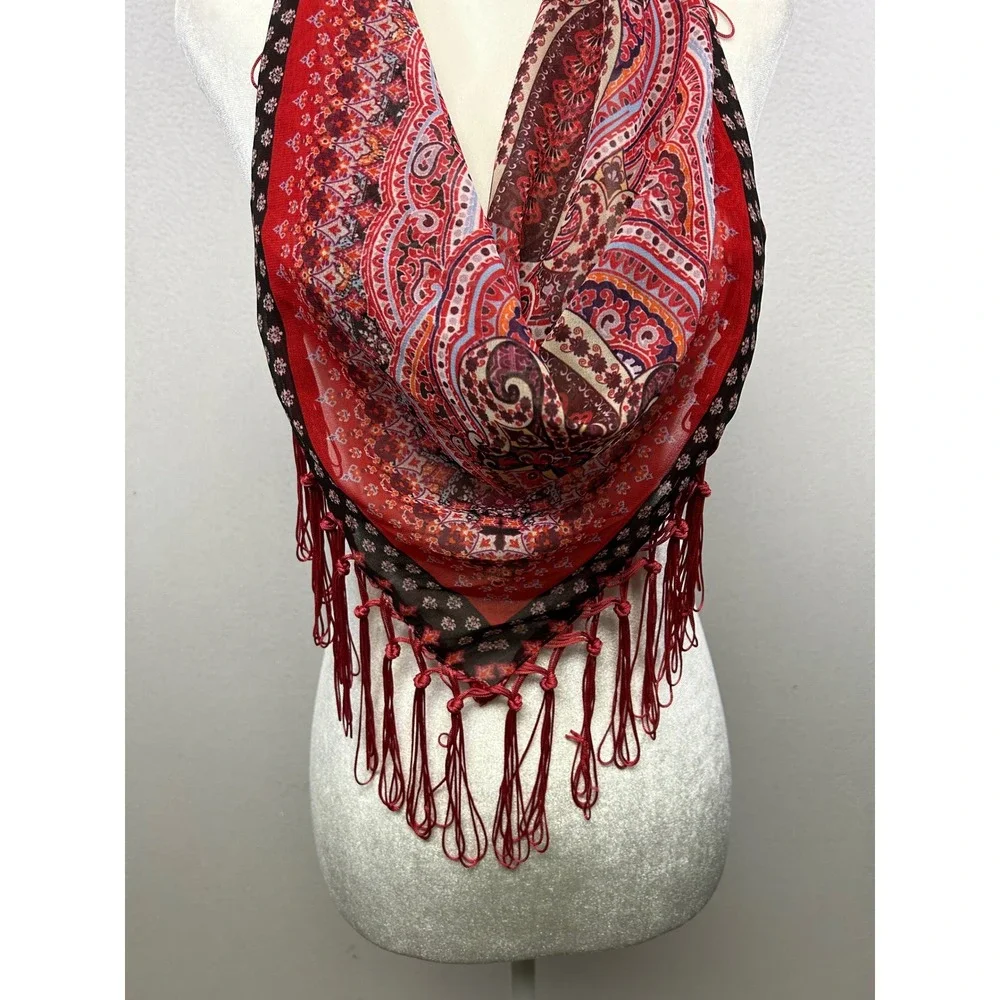 Boho Western Festival Womens OS Red Paisley Fringe Infinity Tassel Scarf